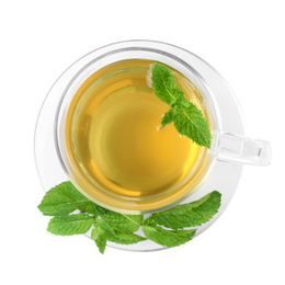 Photo of Cup with hot aromatic mint tea isolated on white, top view