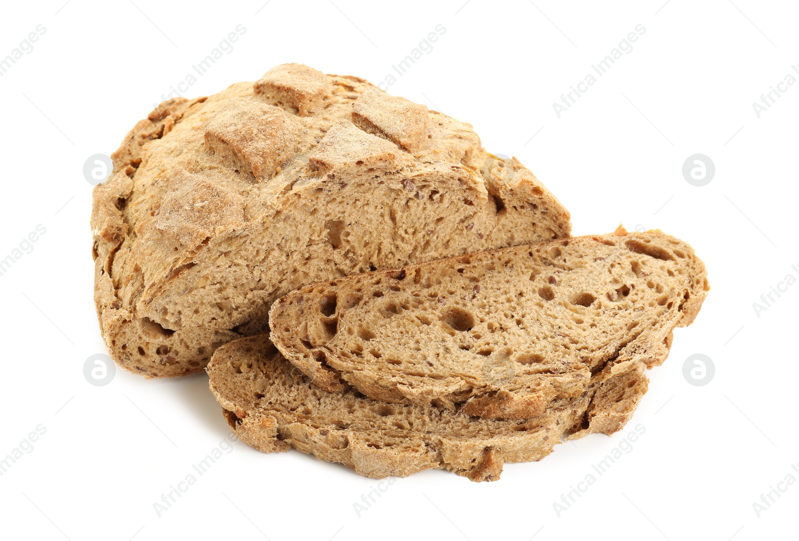 Photo of Freshly baked cut sourdough bread isolated on white