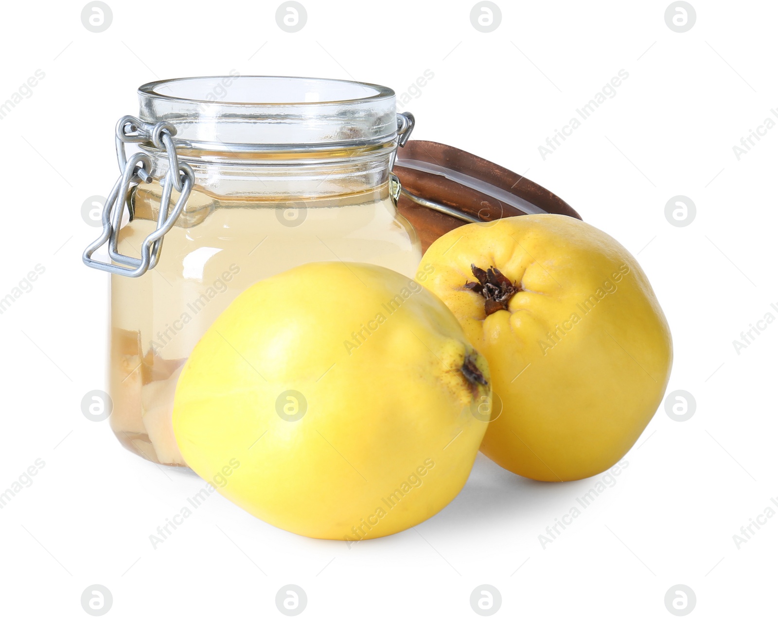 Photo of Delicious quince drink in glass jar and fresh fruits isolated on white