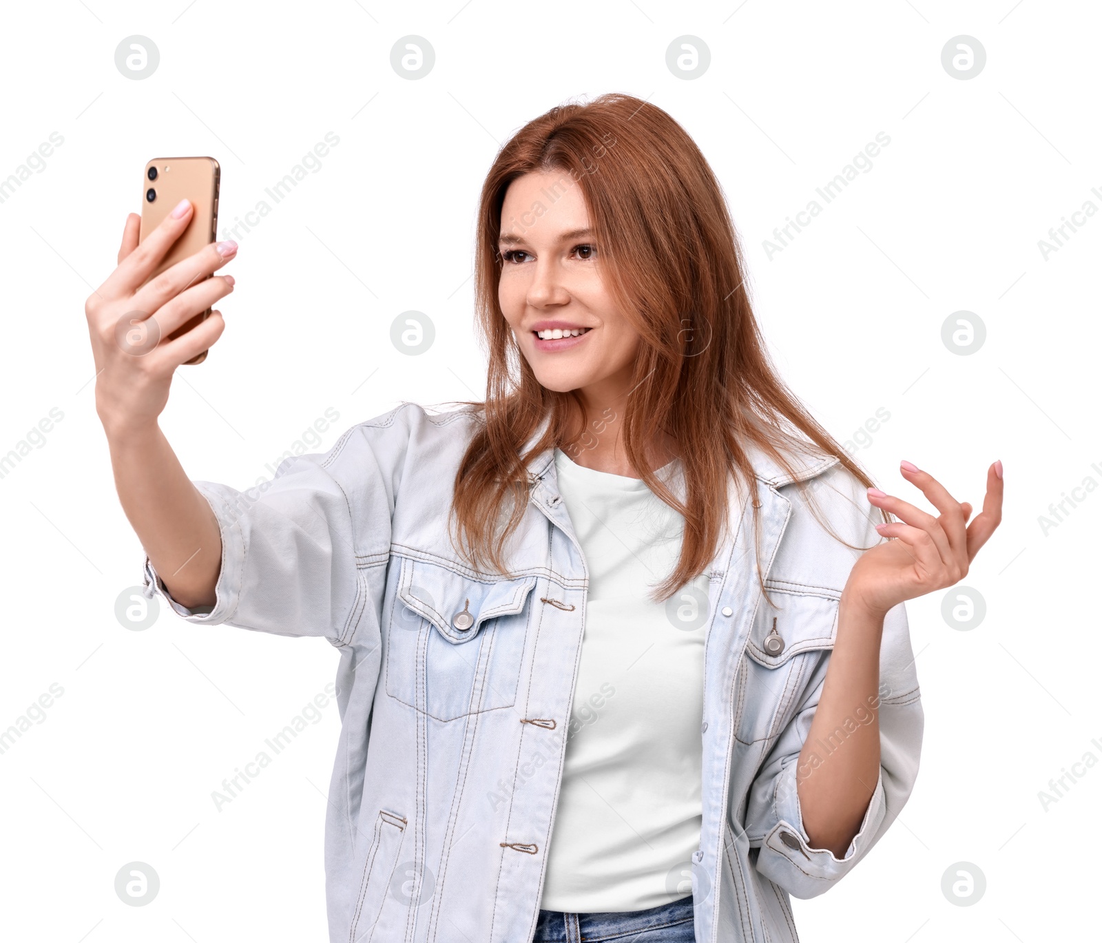 Photo of Beautiful woman taking selfie on white background