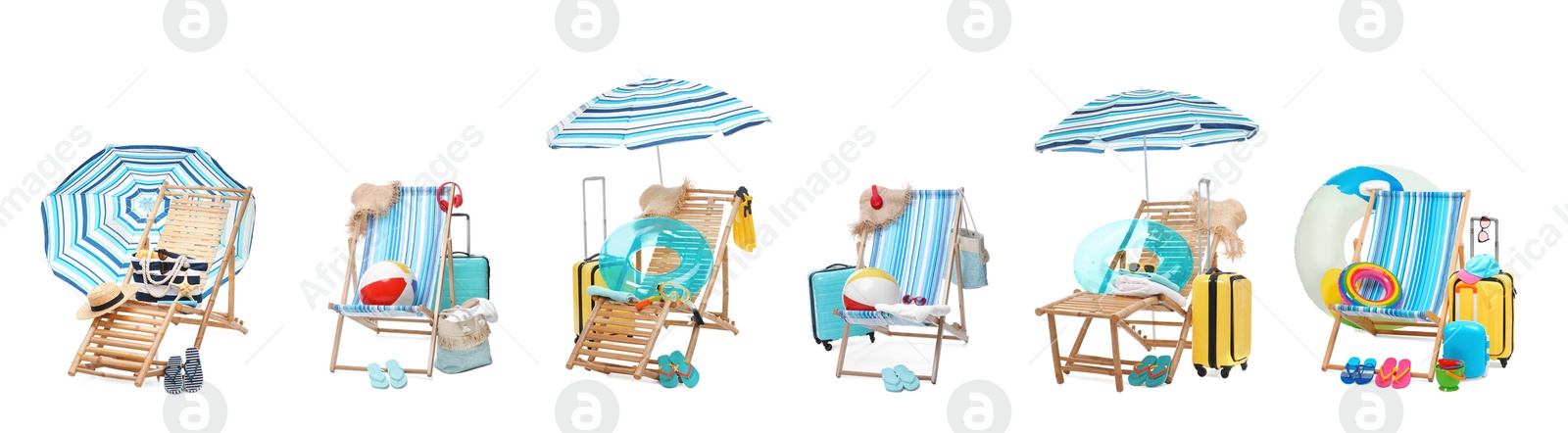 Image of Deck chairs with beach accessories isolated on white, set