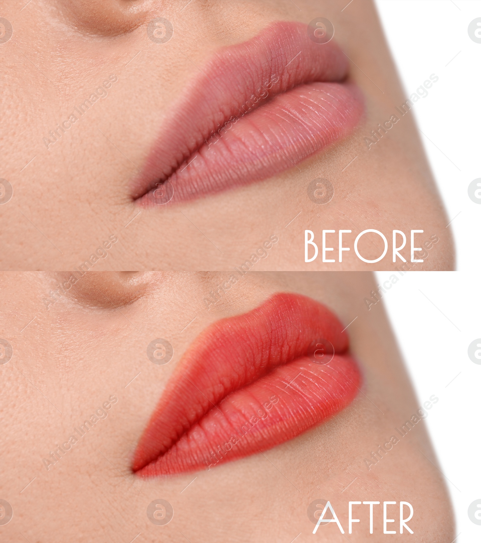 Image of Collage with photos of young woman before and after permanent lip makeup, closeup