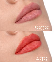 Collage with photos of young woman before and after permanent lip makeup, closeup