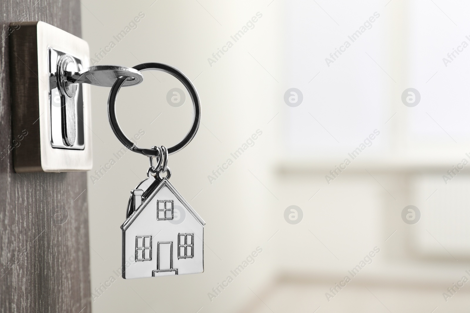 Photo of Mortgage and real estate. Open door with key and house shaped keychain against blurred background, space for text