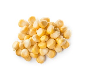 Pile of tasty fresh corn kernels on white background, top view