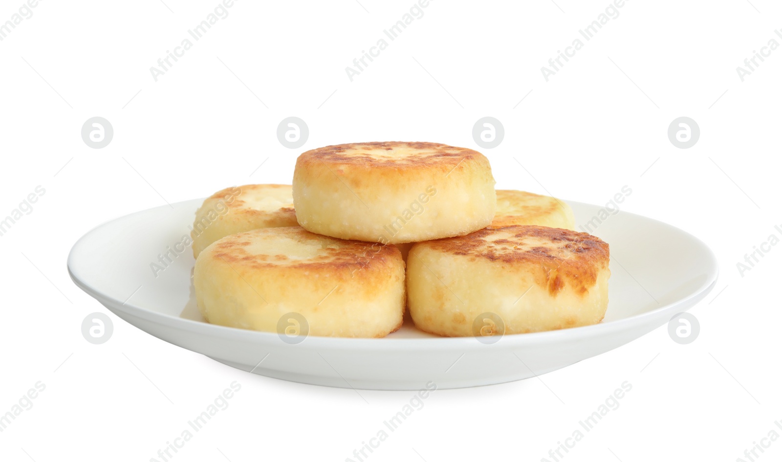 Photo of Delicious cottage cheese pancakes on white background