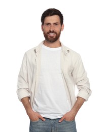 Portrait of handsome bearded man on white background