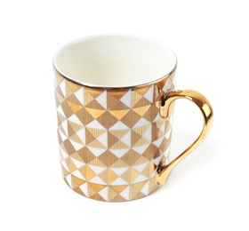 Photo of Stylish gold cup with pattern on white background