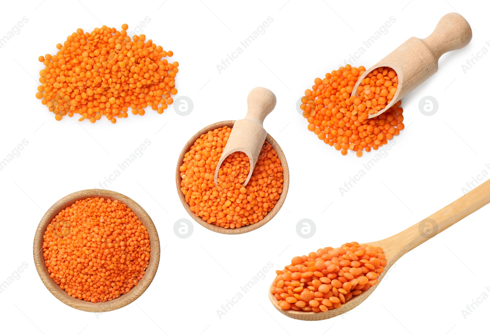 Image of Raw red lentils on white background, set