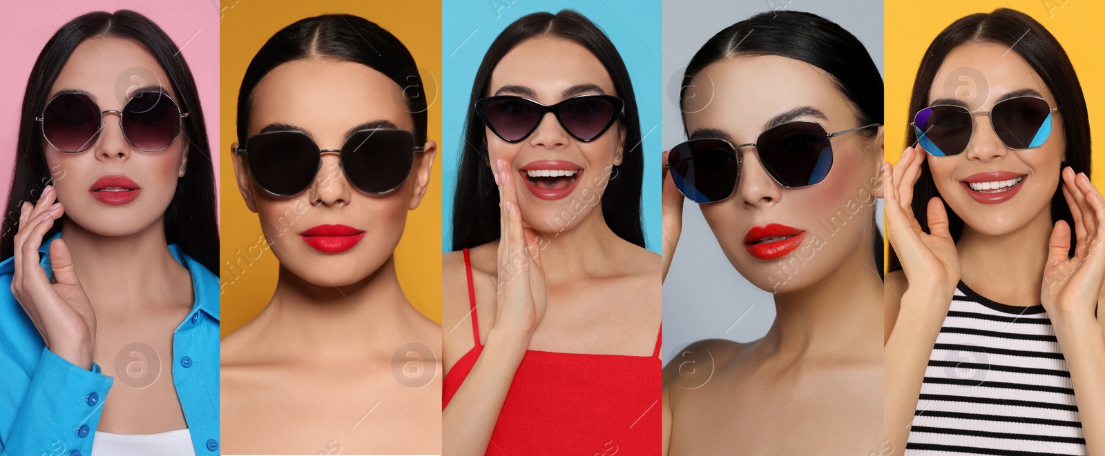 Image of Collage with photos of woman with stylish sunglasses on different color backgrounds. Banner design