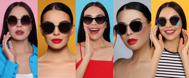 Image of Collage with photos of woman with stylish sunglasses on different color backgrounds. Banner design