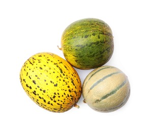 Tasty colorful ripe melons on white background, top view