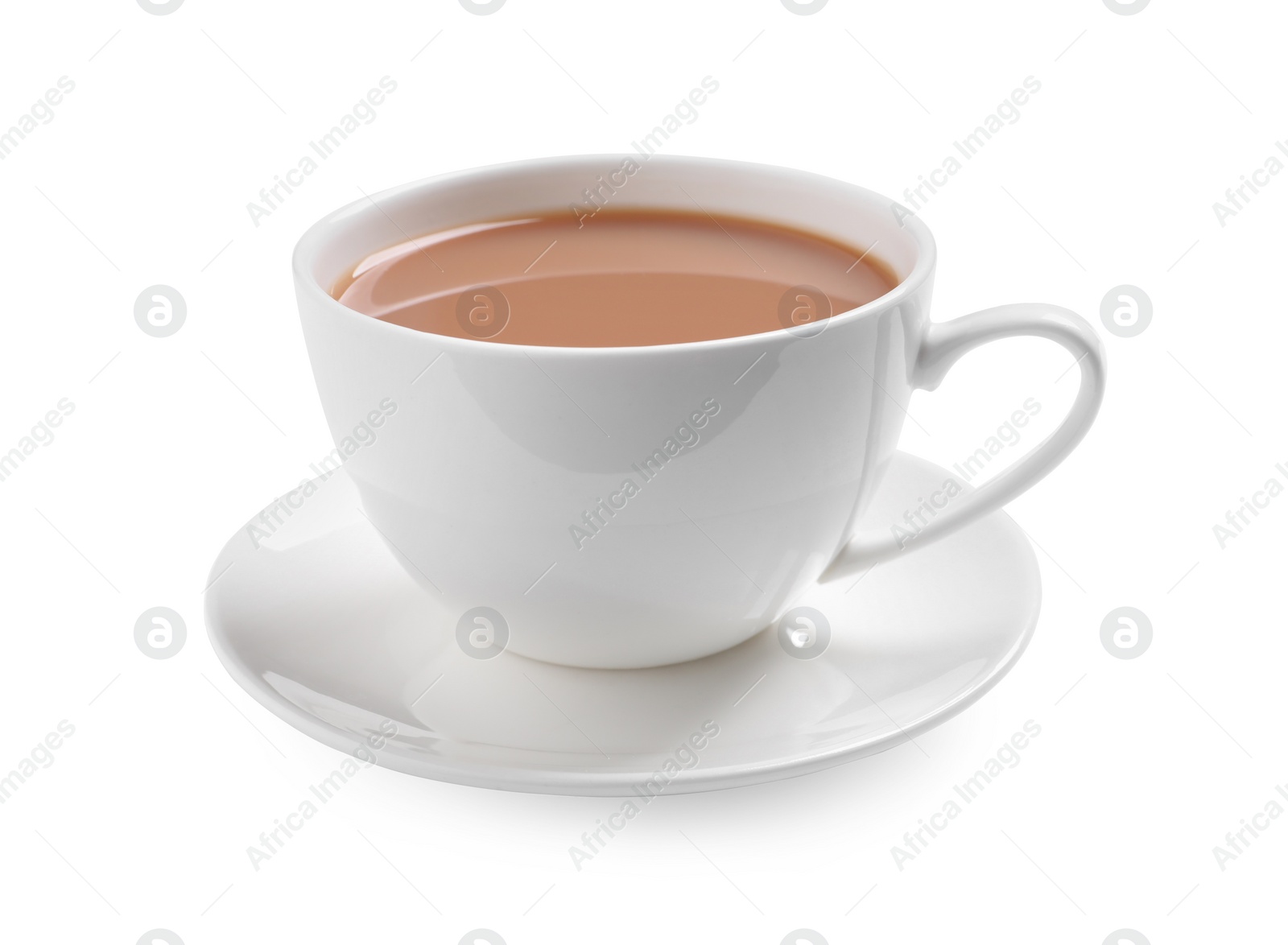 Photo of Delicious tea with milk on white background