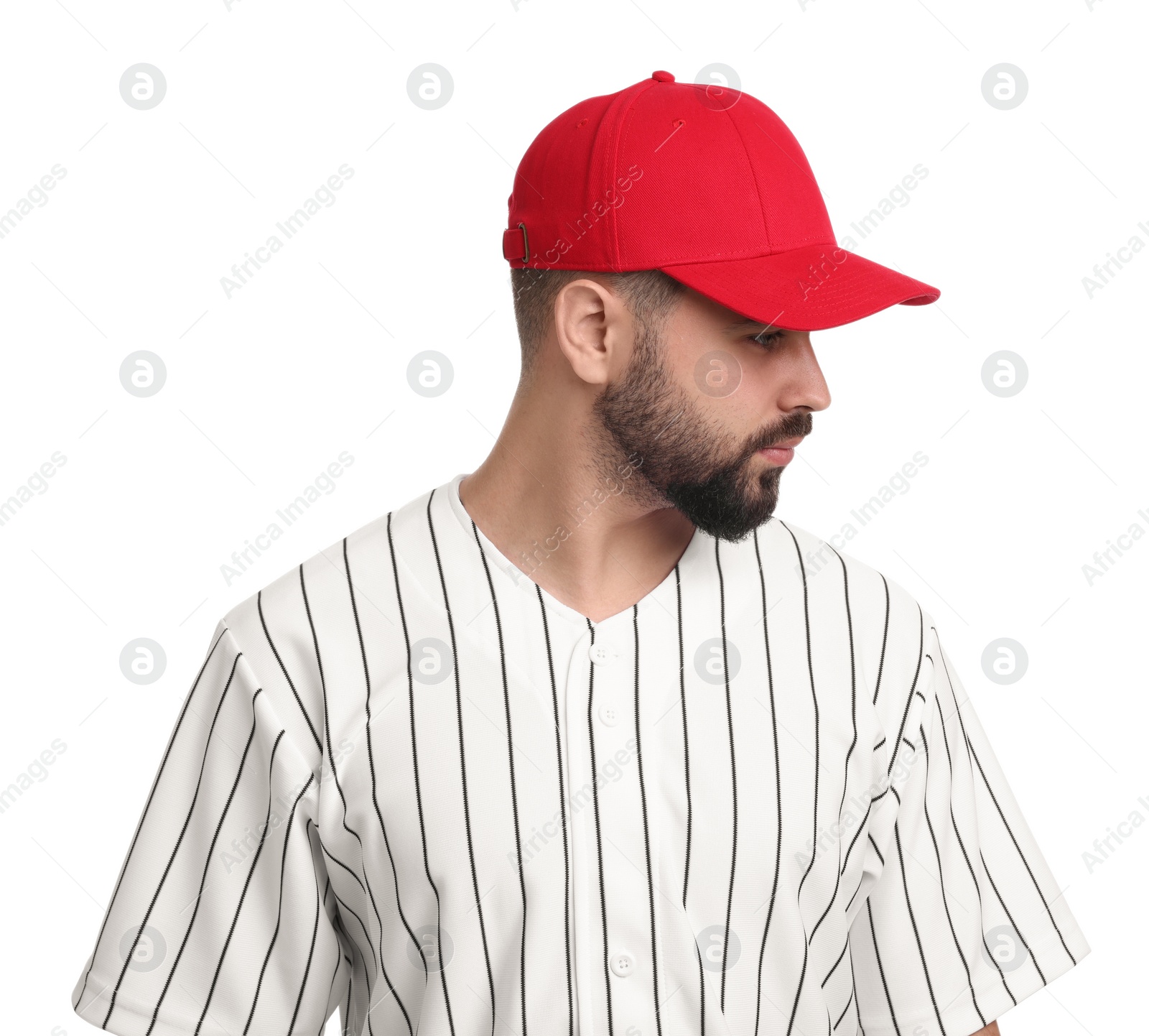 Photo of Man in stylish red baseball cap on white background