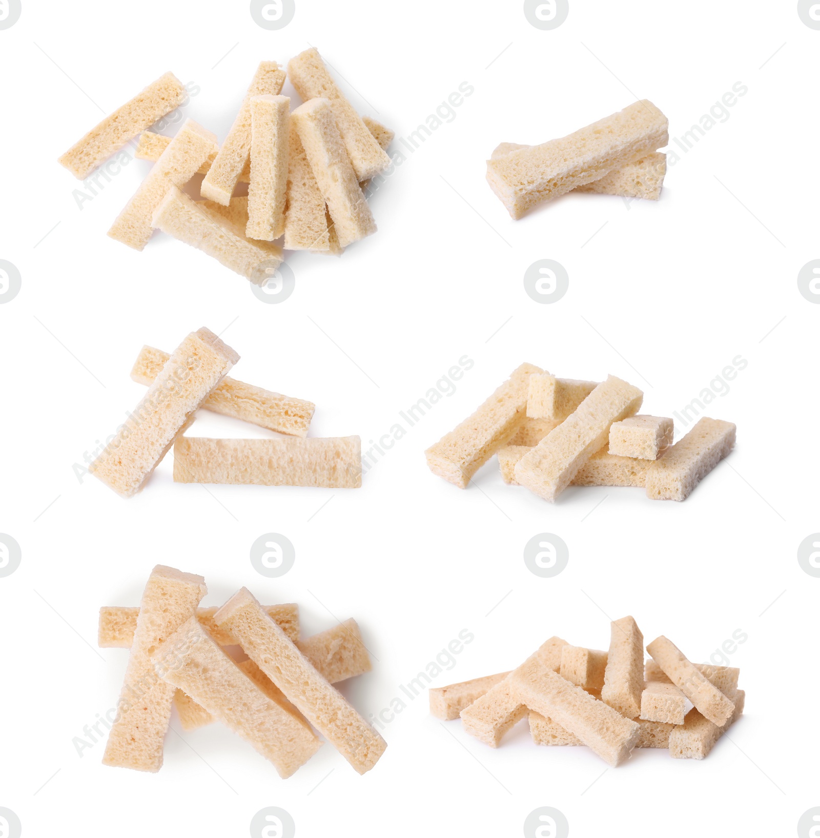 Image of Set with delicious rusks on white background