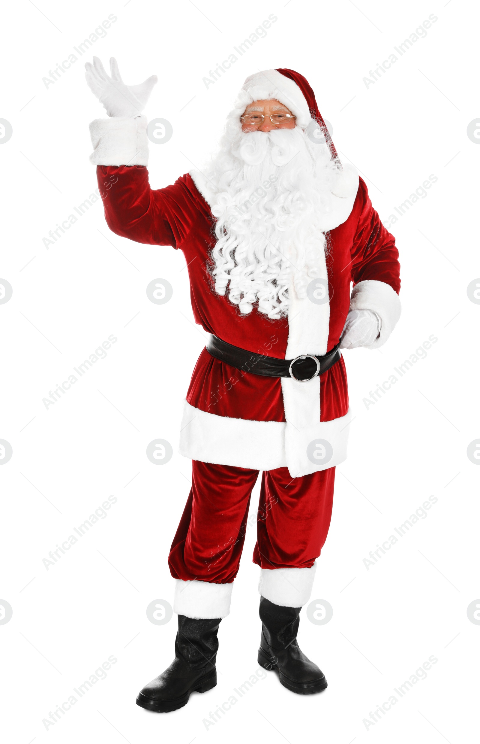 Photo of Happy authentic Santa Claus on white background