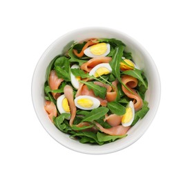 Delicious salad with boiled eggs, salmon and arugula in bowl isolated on white, top view