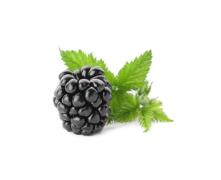 Photo of Tasty ripe blackberry and leaves on white background