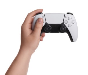 Woman using wireless game controller on white background, closeup