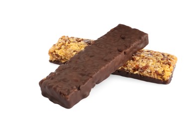 Photo of Different protein bars with chocolate on white background. Healthy snack