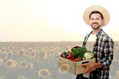 Double exposure of happy farmer and sunflower field. Space for text