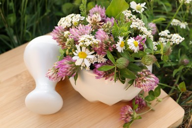 Photo of Ceramic mortar with pestle, different wildflowers and herbs on green grass outdoors, closeup