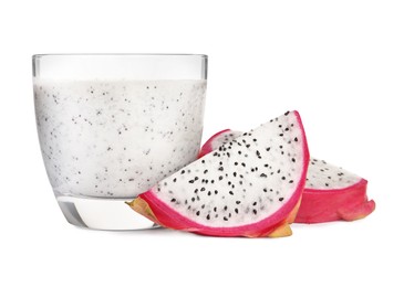 Photo of Glass of tasty pitahaya smoothie and fresh fruit on white background
