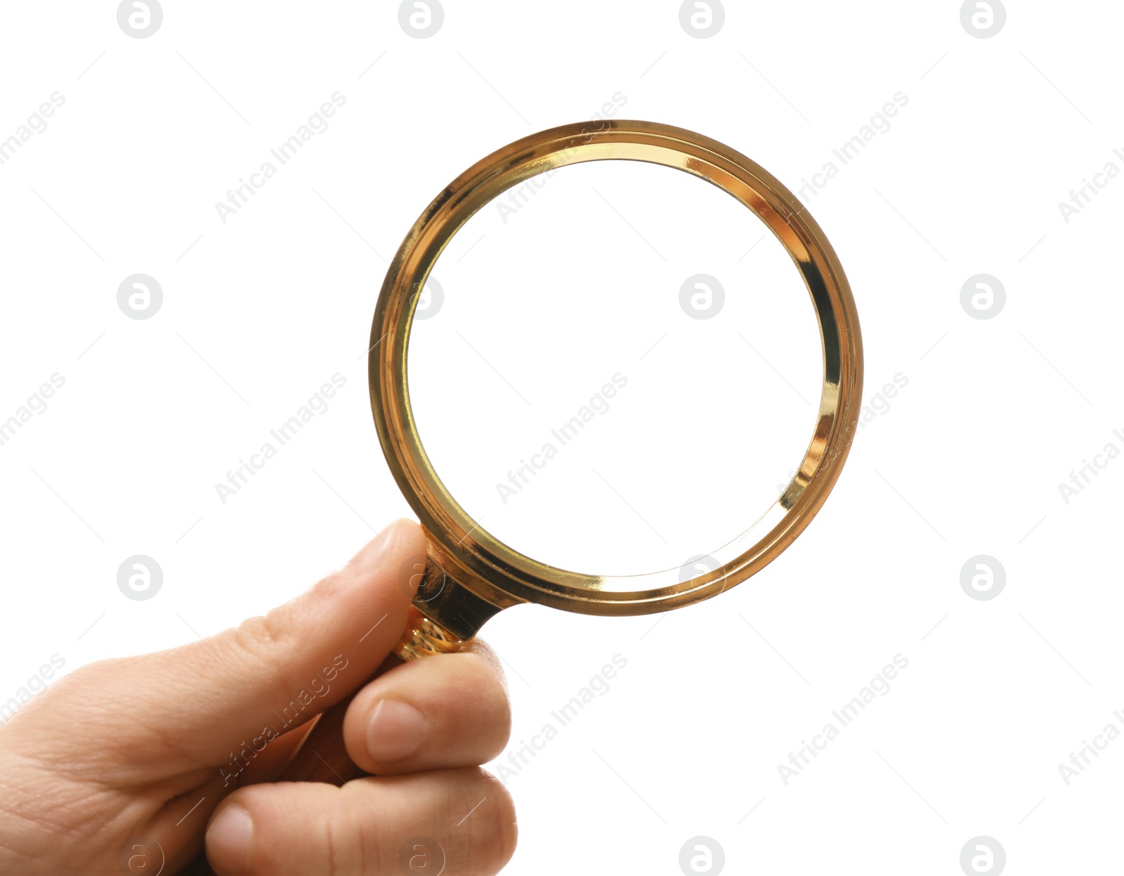 Photo of Woman holding magnifying glass on white background, closeup