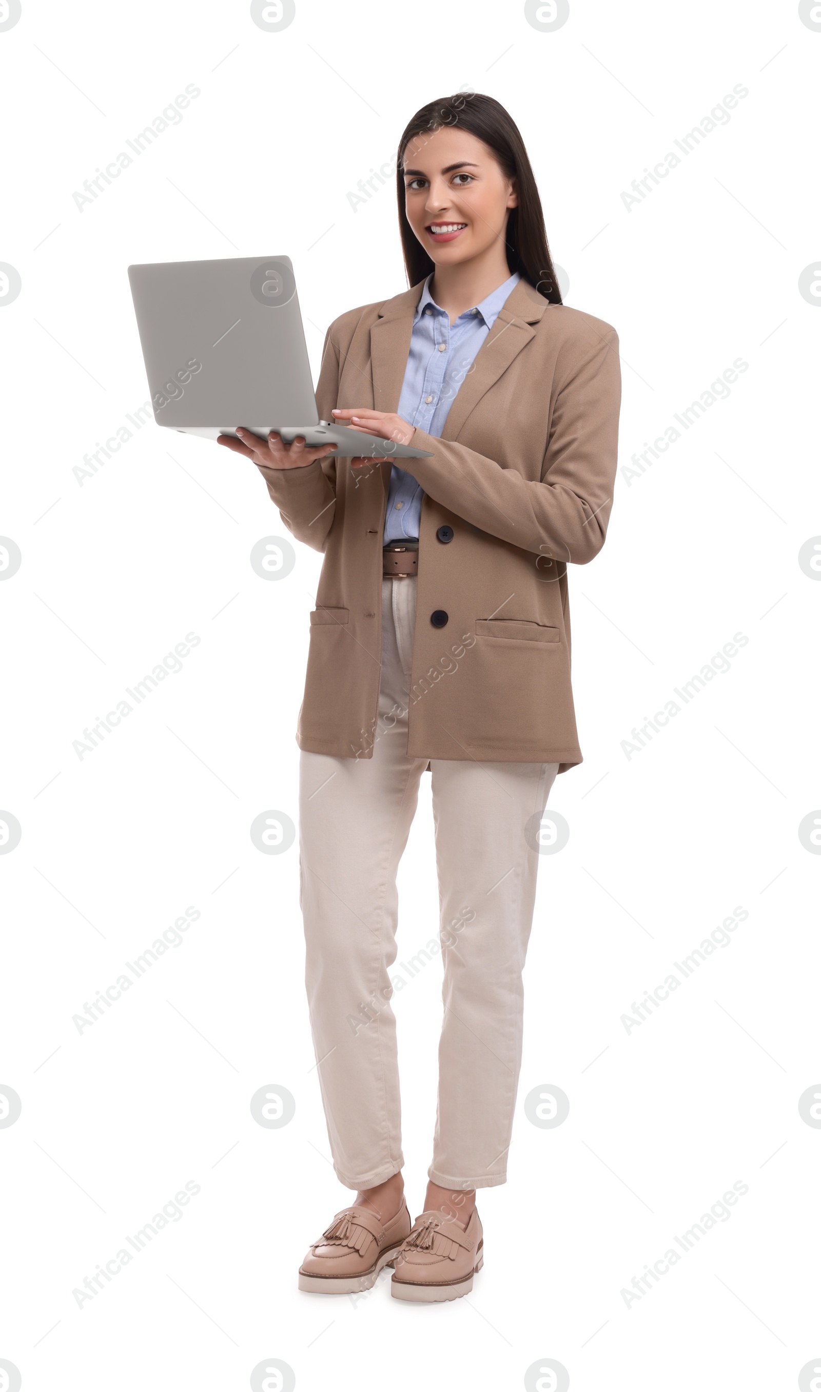 Photo of Beautiful happy businesswoman with laptop on white background