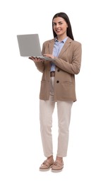 Beautiful happy businesswoman with laptop on white background