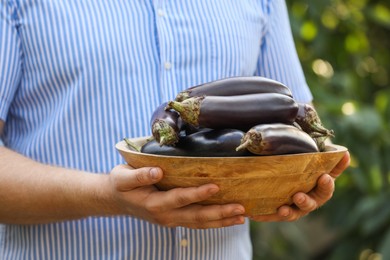 Photo of Man holding wooden bowl with ripe eggplants on blurred green background, closeup