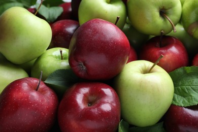 Photo of Fresh ripe green and red apples as background, closeup