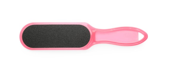 Photo of Pink foot file on white background, top view. Pedicure tool