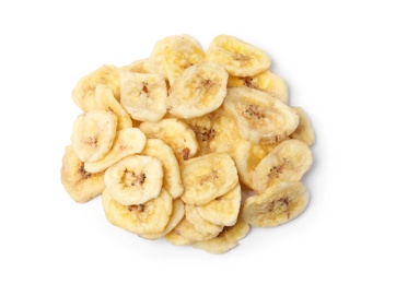 Photo of Heap of sweet banana slices on white background, top view. Dried fruit as healthy snack