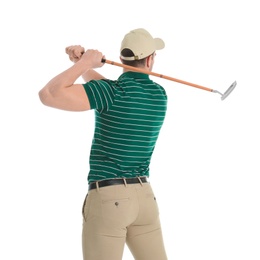 Photo of Back view of man with golf club isolated on white