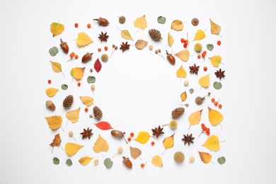 Photo of Flat lay composition with autumn leaves and space for text on white background