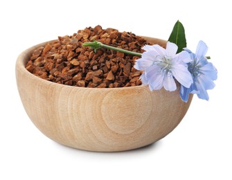 Photo of Bowl of chicory granules and flowers on white background