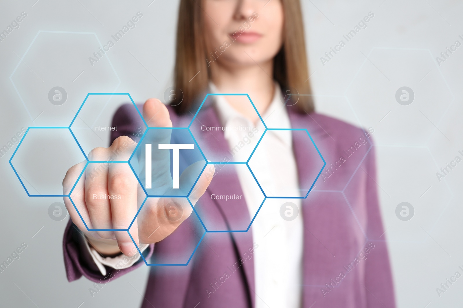 Image of Information technology concept. Woman on light grey background, closeup