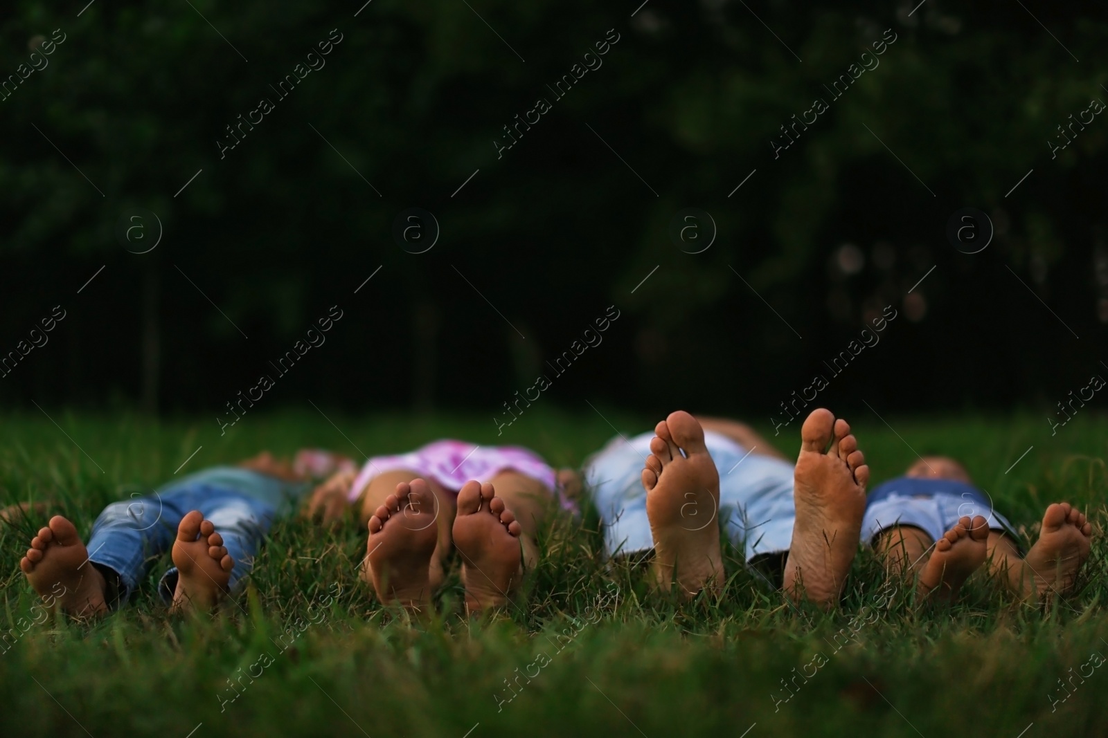 Photo of Happy family lying on grass in park