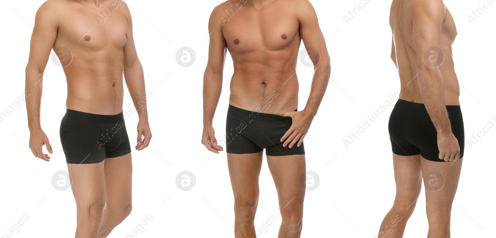 Image of Collage with photos of man wearing underwear on white background, closeup. Banner design