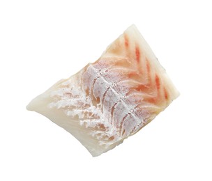 Photo of Piece of fresh raw cod isolated on white, top view