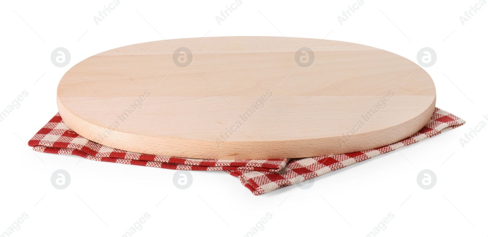 Photo of Wooden cutting board and checkered towel on white background