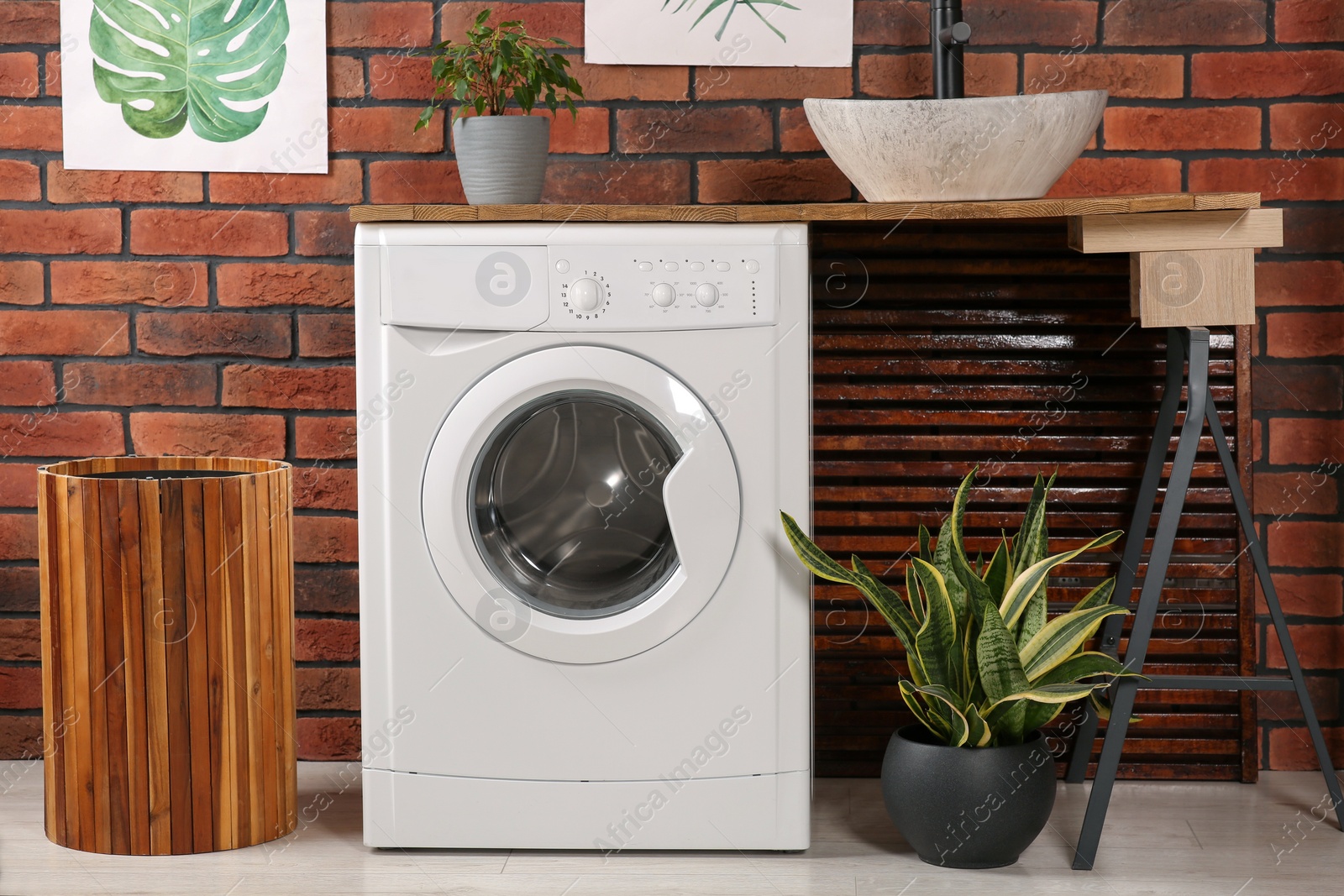 Photo of Washing machine, sink and potted plants indoors. Laundry room interior design