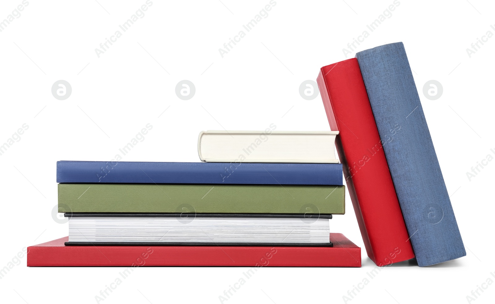 Photo of Many different hardcover books on white background