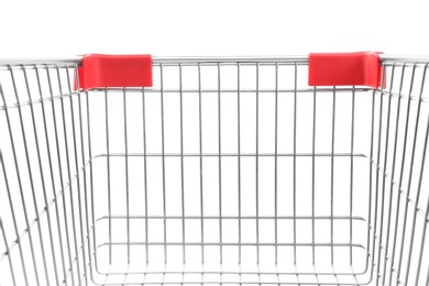 Empty shopping trolley isolated on white, closeup