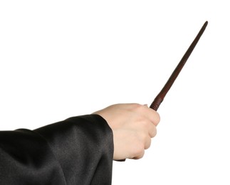 Wizard holding magic wand on white background, closeup