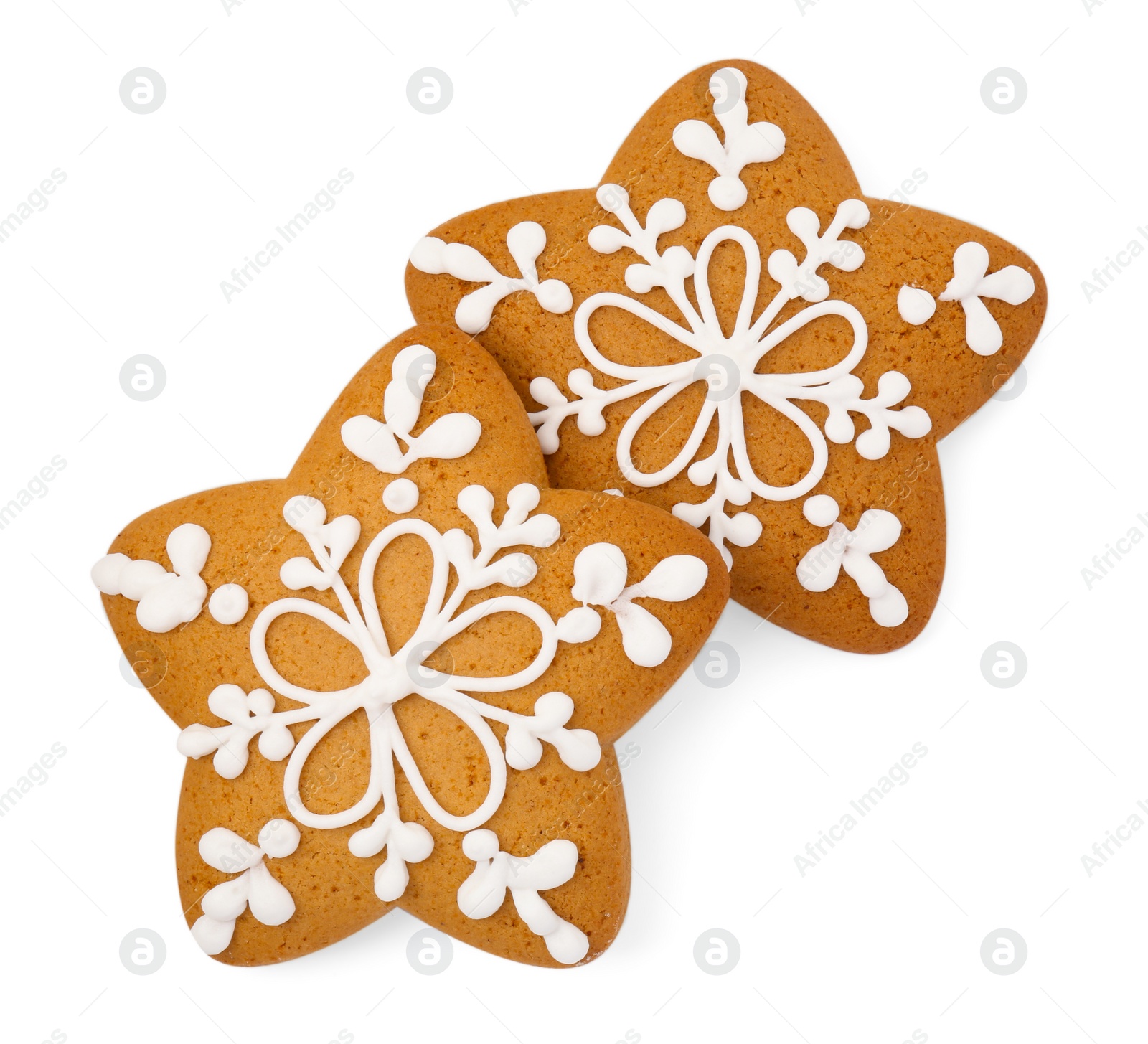 Photo of Tasty star shaped Christmas cookies with icing isolated on white, top view