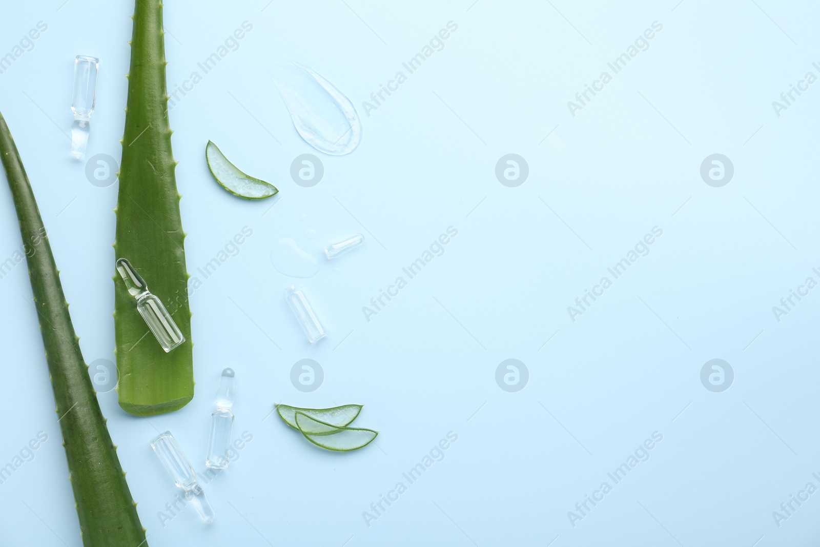 Photo of Flat lay composition with skincare ampoules and aloe leaves on light blue background. Space for text