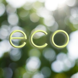 Image of Word ECO on blurred green background. Bokeh effect