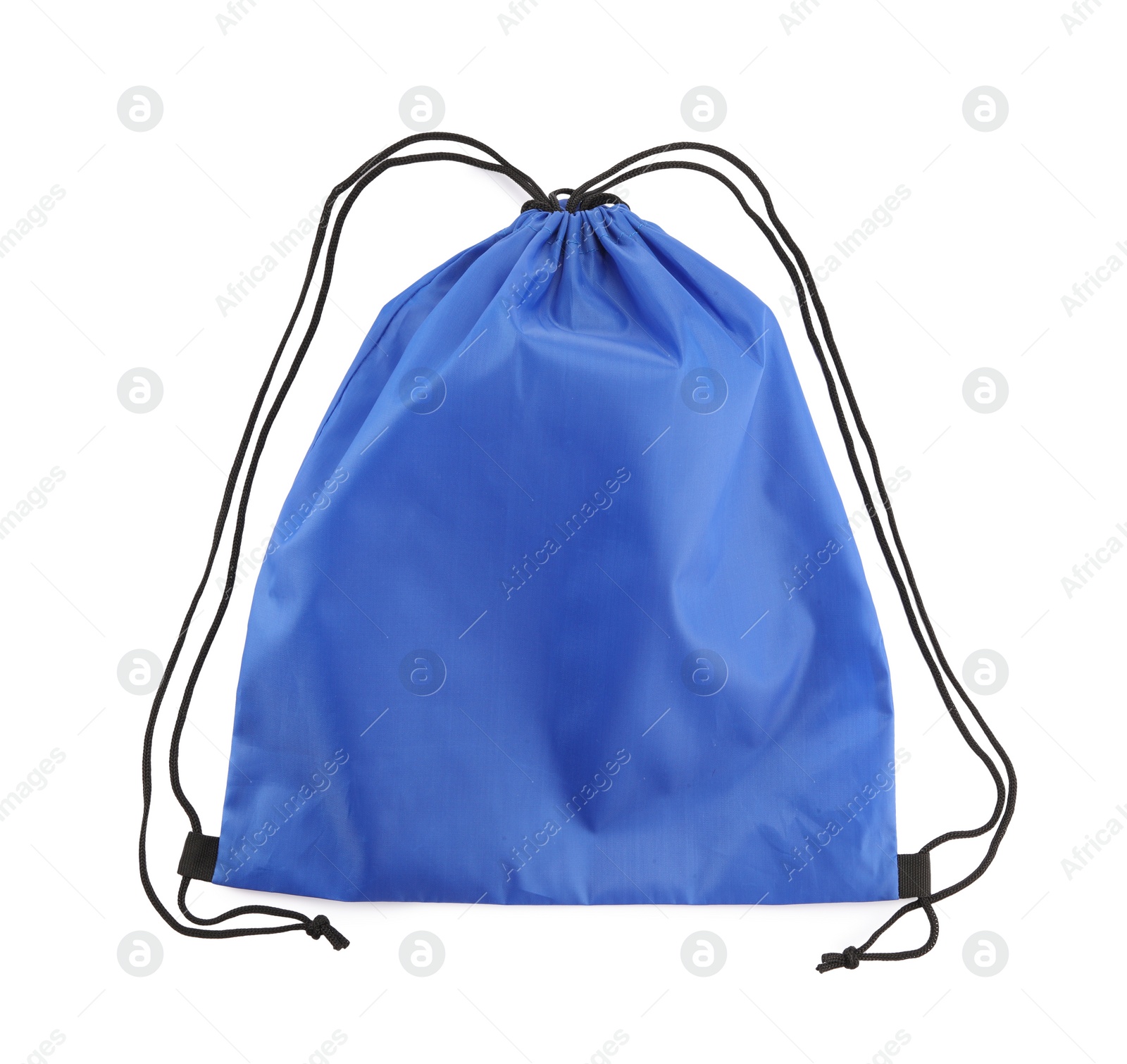 Photo of One blue drawstring bag isolated on white